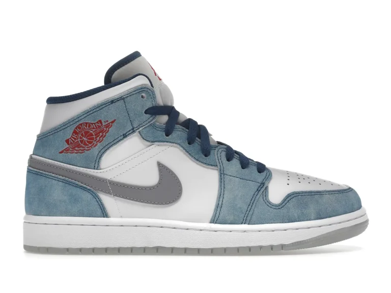 tenis Jordan 1 Mid - French Blue Fire Red lado derecho