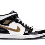 Jordan 1 Mid Patent Black White Gold