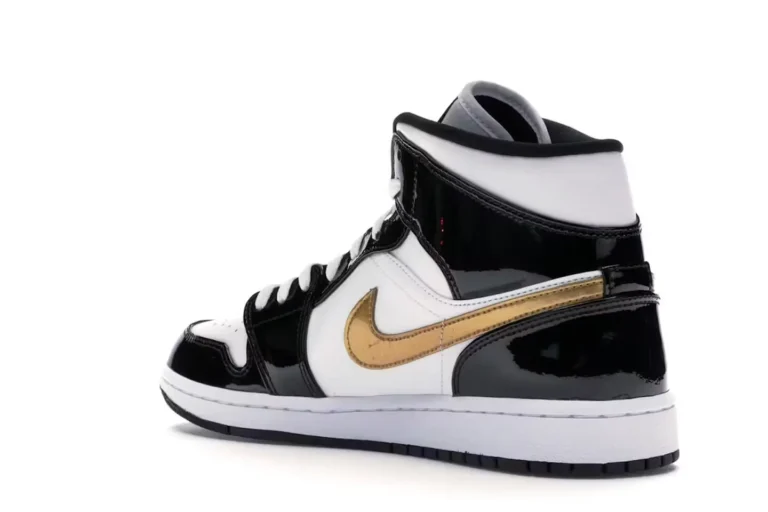 tenis Jordan 1 Mid Patent Black White Gold 3