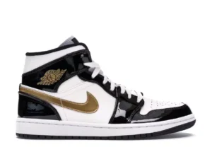 tenis Jordan 1 Mid Patent Black White Gold